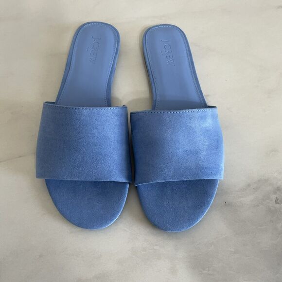 J. CREW Microsuede Single Strap Slide Sandals Women’s 8 Peri Blue Flat Shoe NEW - Picture 2 of 8